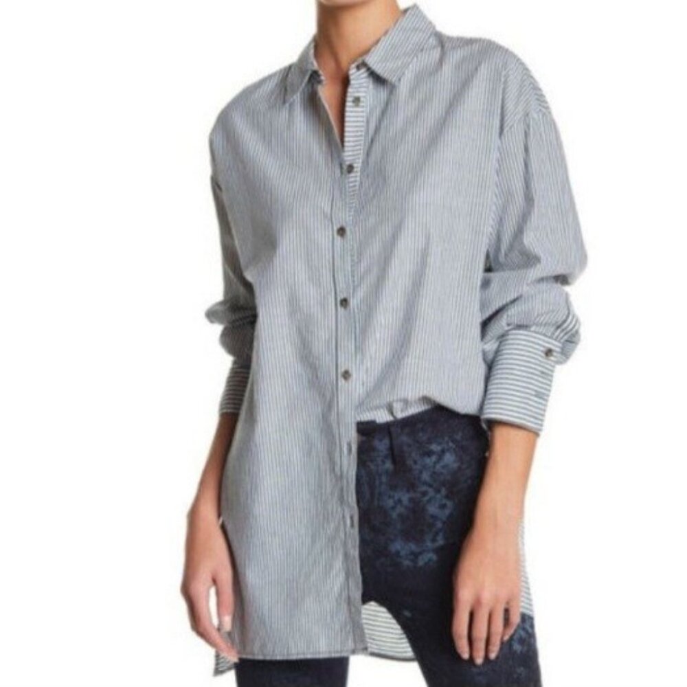 FREE PEOPLE Green Lakehouse Cotton Stripe Oversized High Low Shirt, Size Small